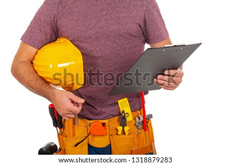 Close up picture of a repairman with toolbelt and holding a clipboard on isolated background