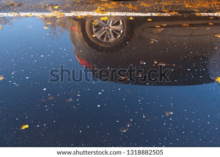 Autumn rain puddles with foliage and car reflection on a parking