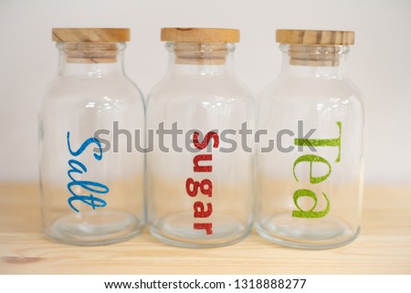 salt, sugar and tea bottles