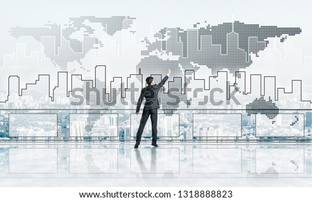 Young businessman in suit at balcony against morning cityscape background. 3d rendering