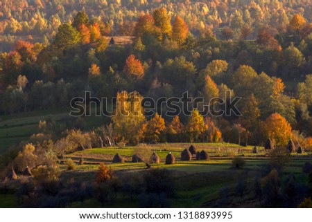 Beautiful landscape showing the beauty of autumn in a village in the countryside of Maramures county, Romania