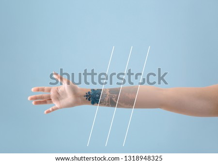 Young woman before and after laser tattoo removal procedure on color background, closeup  Royalty-Free Stock Photo #1318948325