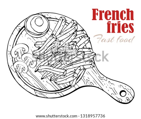 Vector illustrations on the fast food theme: french fries on a board. Isolated objects for your design. Each object can be changed and moved.