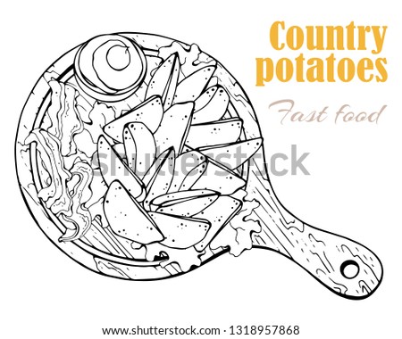 Vector illustrations on the fast food theme: country potatoes on a board. Isolated objects for your design. Each object can be changed and moved.