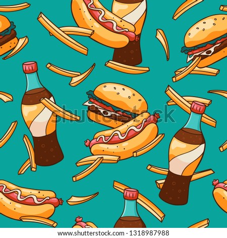 Seamless fasr food pattern on green background. Hand drawn fries. Cute vector cartoon fast food background. Perfect for wrapping, fabric and cafe menu backdrop.