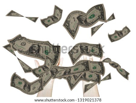flying dollars in hand on white background