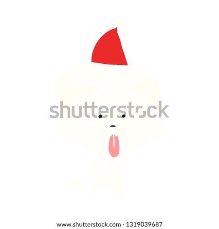 hand drawn flat color illustration of a dog with tongue sticking out wearing santa hat