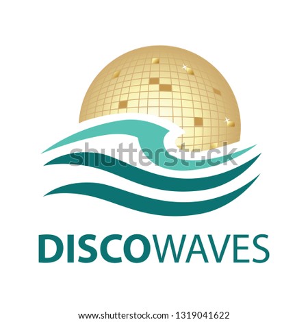 Blue ocean waves with gold disco ball in behind, logo template  