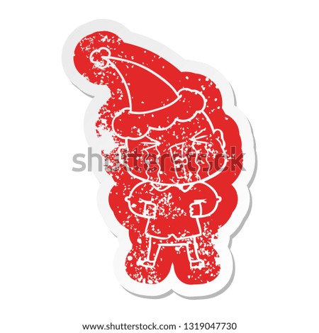 quirky cartoon distressed sticker of a crying bald man wearing santa hat