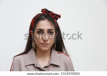 Portrait Cute Girl Young Fashion Model Earrings Jewelry Bow Scarf Dark Hair Red Accessories White Background Sport Style Vintage European Fashionista Stylist Wear Clothes Look Face Side Innocent Teen