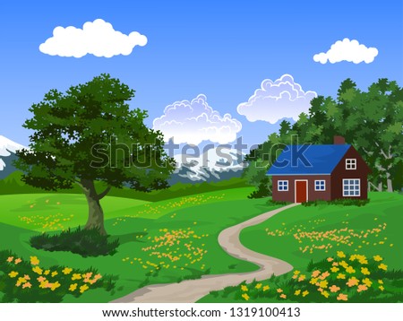 little house in beautiful village in countryside with green yard full of florwers