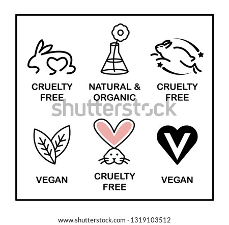 Set of 6 icons-badges: Vegan, Cruelty Free, Organic and Natural. Black and white. 