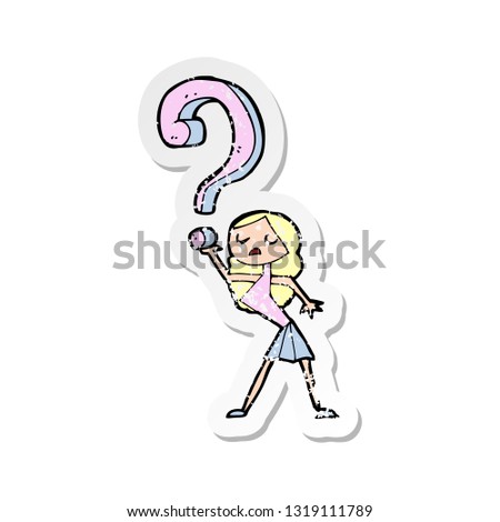 retro distressed sticker of a cartoon girl with questions
