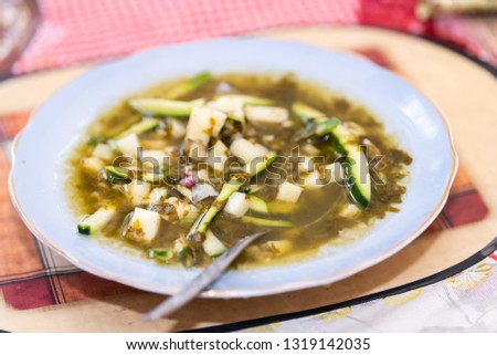 Traditional Russian or Ukrainian sorrel soup with chopped potatoes and green cucumbers in vegetable broth on plate bowl with spoon closeup