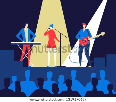 Music festival - flat design style colorful illustration. High quality composition with a music band performing on the stage, singing and playing instruments public listening. Entertainment concept