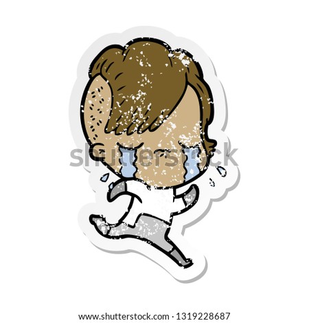 distressed sticker of a cartoon crying girl wearing space clothes