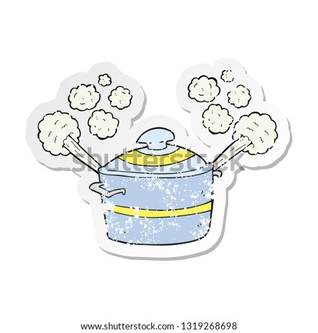 retro distressed sticker of a cartoon steaming cooking pot