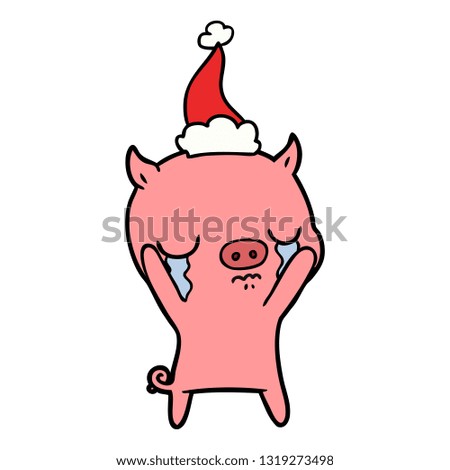 hand drawn line drawing of a pig crying wearing santa hat