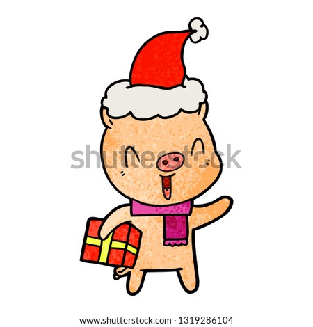 happy hand drawn textured cartoon of a pig with xmas present wearing santa hat