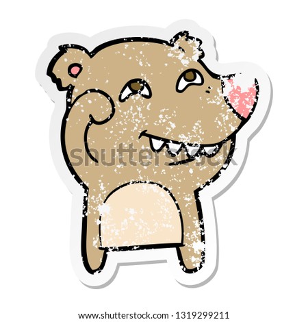 distressed sticker of a cartoon bear showing teeth