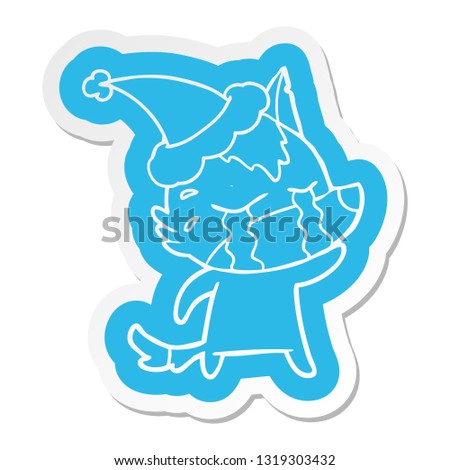quirky cartoon  sticker of a crying wolf wearing santa hat