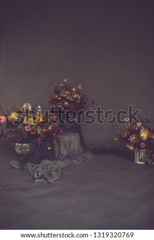Dried flowers in the vase with empty wall in vintage style.Still life background. Brown color. copy space