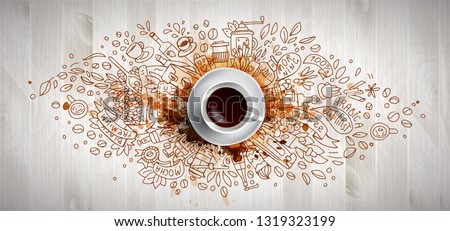 Coffee concept on wooden background - white coffee cup, top view with doodle illustration about coffee, beans, morning, espresso in cafe, breakfast. Morning coffee vector illustration with cofe Royalty-Free Stock Photo #1319323199