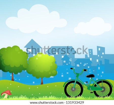 Illustration of a bicycle in front of the village