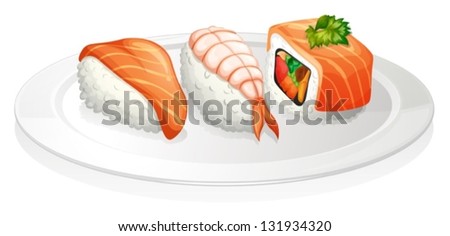 Illustration of a plate of sushi on a white background
