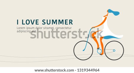 Young female character riding a bicycle vector illustration. Modern flat graphic design banner with woman enjoying summer 