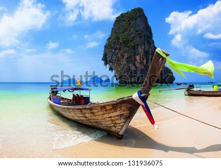 Thailand ocean beach. Thai journey scenery landscape with boats on exotic tropical place