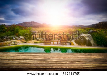 Table background of free space and summer landscape of beach. Free space for your decoration. 
