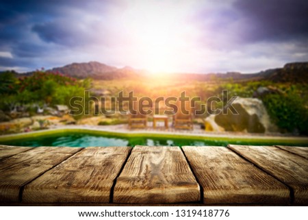 Table background of free space and summer landscape of beach. Free space for your decoration. 
