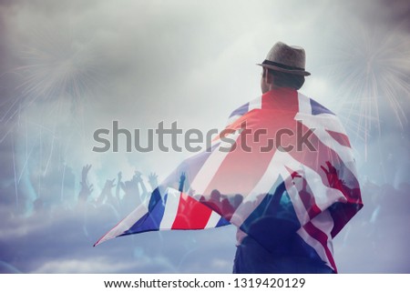 Double exposure with the flag of UK and London elements.