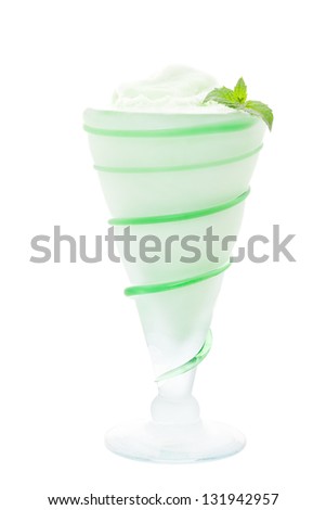 A frosty, mint green milkshake for St. Patrick's Day in an antique glass.  Shot on white background.  Antique glass contains beautiful characteristic bubbles and flaws.