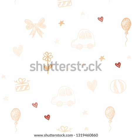 Light Orange vector seamless backdrop with holiday gifts. Shining illustration with a toy car, heart, baloon, tulip, candy, ball. Pattern for carnival, festival ads.