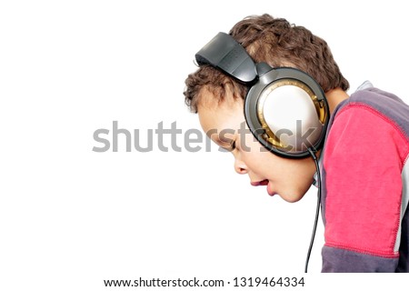 boy with headphones enjoying disco  music with white background stock photo