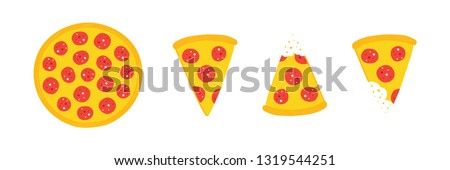 Set, collection of vector pepperoni pizza slices and whole pizza isolated on white background. Royalty-Free Stock Photo #1319544251