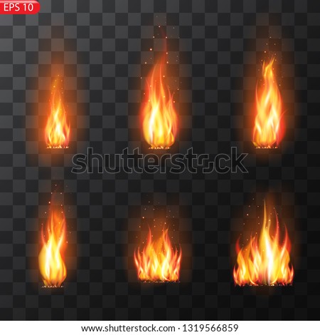 Realistic burning fire flames vector effect with transparency for design. Trail of fire.Burning flames translucent elements special Effect.