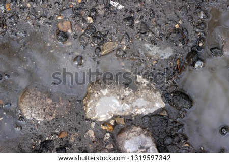 Asphalt crack fracture with old cobblestone and puddle surface texture