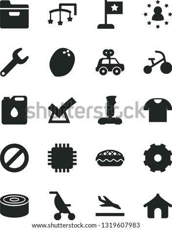 Solid Black Vector Icon Set - truck lorry vector, prohibition, toys over the cot, summer stroller, motor vehicle present, tricycle, folder, T shirt, canned goods, apple pie, coconut, canister of oil