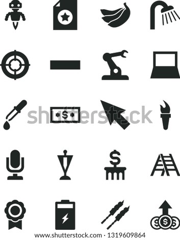 Solid Black Vector Icon Set - desktop microphone vector, minus, ladder, shower, barbecue, bananas, charging battery, assembly robot, notebook pc, cursor, pipette, medal, flame torch, pennant, aim