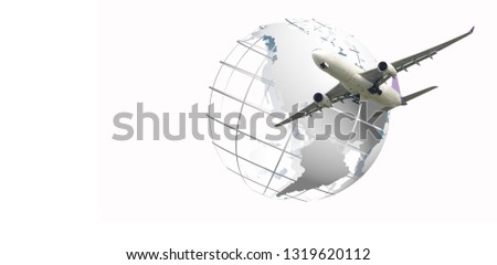 Abstract image of the world logistics, there are world map background and  airplane is flying for Business trip Transportation, import-export and logistics, Travel concept