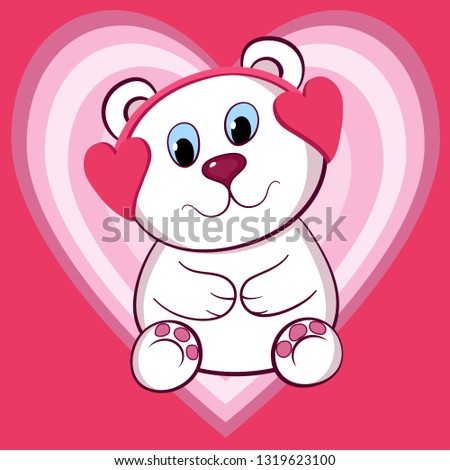 cute white Teddy bear in headphones sitting on the background of hearts and holds a Valentine in its paws