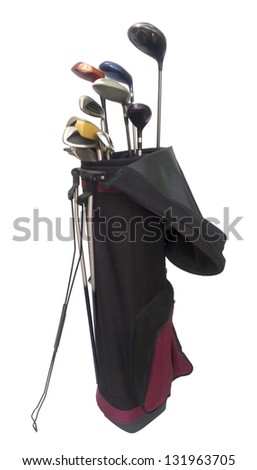 Golf clubs in red and black bag isolated on white