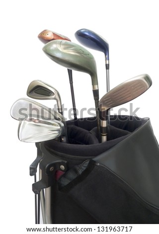 Golf Equipments  in black bag isolated on white.