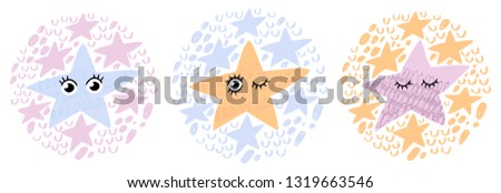 Cute star characters. Illustration set.  Ready-to-print design template. Clothes badge, banner, tag. Vector illustration.