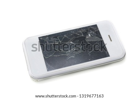 White smartphone with a broken screen on an isolated background . Repair of old screens 