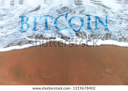 Concept of bitcoin on waves on the beach side . ups and downs in cryptocurrency  . trending  advertisement banner 