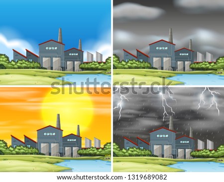 Set of industrial factory scenes illustration
